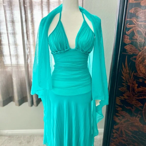 La Perla Turquoise Backless Dress With Shawl - Picture 8 of 11